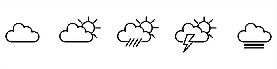 Weather icons set isolated on a white background. Clouds logo and sign collection. Black, blue and yellow colors. Simple modern design. Flat style vector
