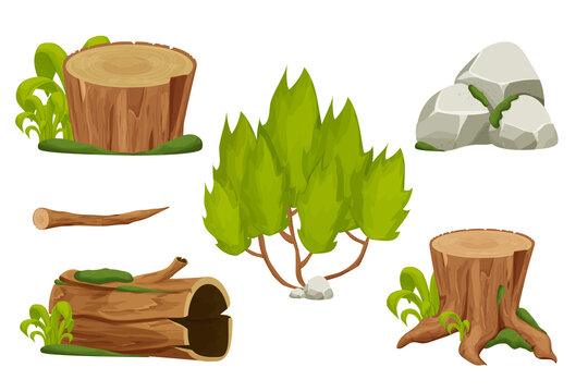 Forest nature elements landscape set with tree stump, sold trunk, bush, stone pile and moss in cartoon style isolated on white background. Ui assets, for computers game interface vector Illustrations