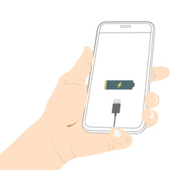 Empty battery, humand hand, holding smartphone, device screen, low power, charge is over vector draw. stock illustration