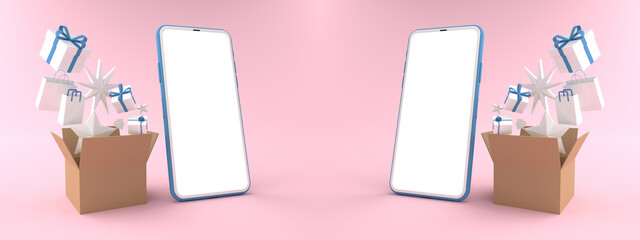 3D rendering of Smartphone white screen surrounded by and cardboard box with gifts. Concept of shopping on a mobile phone and Can fill the content on the white phone screen isolated on pink background