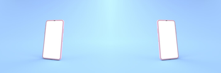 3D rendering of mockups pink Smartphone white screen on blue floor, Pink Mobile phone lay down on the ground. Smartphone white screen can be used for commercial advertising,Isolated on blue background