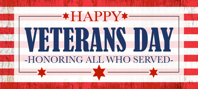 Happy Veterans Day background banner greeting card background banner panorama template - American flag and lettering, isolated on rustic wood texture, wooden table, top view