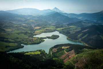 Urkulu reservoir from Orkatzategi mountain, Guipuzcoa, Spain - 443375762