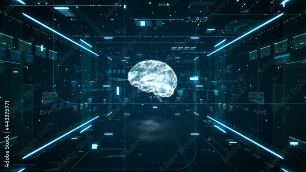 Poster artificial intelligence brain animation. digital brain big data deep learning computer machine. anim