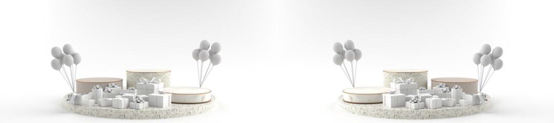 3D rendering of The Balloons and white gift boxes placed on Round marble Pedestal. Free space on the Pedestal can be used for commercial advertising, Isolated on Minimal white background.