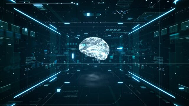 Artificial intelligence brain animation. Digital brain big data deep learning computer machine. Animation big data concept. Big data flow analysis. Artificial intelligence digital brain. 3d render.