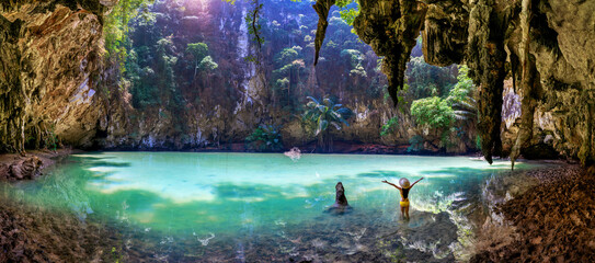 Panorama of Woman enjoying in princess lagoon at Railay, Krabi in Thailand. © tawatchai1990
