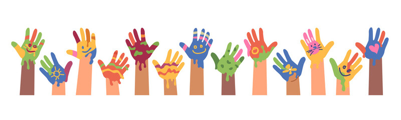 Children drawings and art, kid hands with colorful paints. Isolated banner of children art. Peace and positivity symbol. Imprint and trace, painters and artists. Flat cartoon vector illustration