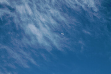 White moon in blue sky
White clouds and the moon on the blue sky. Background image.