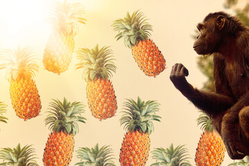 Obraz premium Chimpanzee gesticulates, asking feeding. Sunny background with ripe fresh pineapple tropical fruit. Protect and support wildlife