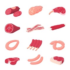 Meat sausage. Fresh raw meats, sausages and uncooked pork. Cartoon dinner ingredients, bacon beef salami. Food products recent vector elements