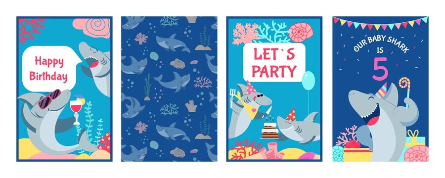 Shark cards. Cute character sharks, baby birthday invitation. Childish under sea posters, kids happy party banners. Festive animal decent vector design