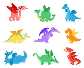 Cartoon dragons. Fairy tale dragon, funny reptile with wings. Cute flying monster. Colorful baby magic creature, fantasy dino decent vector characters