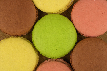 Colored macaroons. Cookie close-up top view.