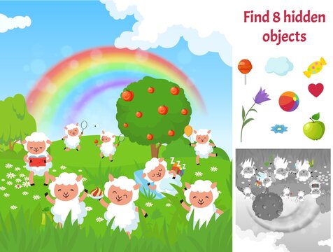 Find hidden objects. Kids puzzle game with sheep on meadow. Fun brain teaser looking different items on green garden landscape. Happy cute sheeps cartoon vector picture