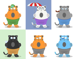 Constantly dissatisfied fat solid cat in pants and with a glass, umbrella and fork with a sausage. Set of stickers