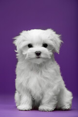 Beautiful and cute maltese puppies on a purple background