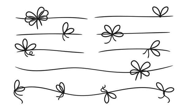 Simple bows. Gift bow knot on line rope. Black present decorative knots. Border or dividers, packaging box vector elements