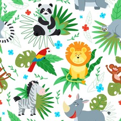 Cartoon jungle animal print. Animals pattern, safari background. Cute wild lion monkey panda parrot. Tropical childish decent vector texture