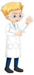 A boy cartoon character wearing laboratory coat