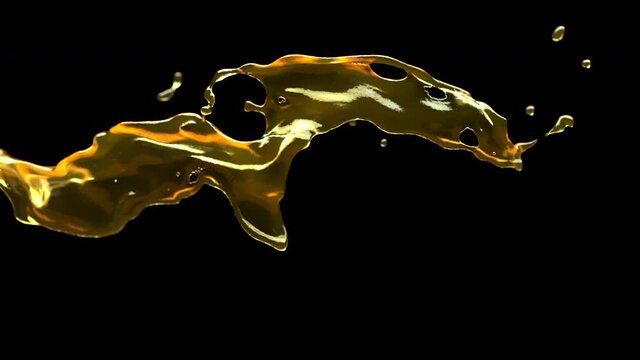 Oil splash on black background. 3D animation of yellow liquid, alpha channel as matte mask included.
