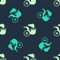Green and beige Smoking pipe with smoke icon isolated seamless pattern on blue background. Tobacco pipe. Vector