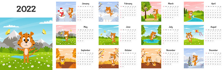 Horizontal Desktop Calendar Template 2022. The week starts on Sunday. Ready-to-print calendar with Chinese year symbol cartoon Tiger. A set of 12 pages and a cover. All months.landscape background.