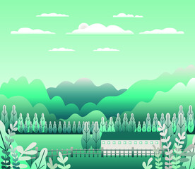 Minimal landscape village, mountains, hills, trees, forest. Rural valley scene. Farm countryside with house, building in flat style design. Blue pastel gradient colors. Cartoon background vector