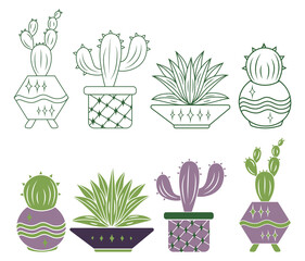 Summer linear clipart for stickers with cactus, home potted plants, succulent. Botanical outline clipart set. Vector collection of cactus silhouette for greeting card or posters, for packaging design