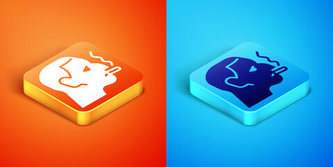 Isometric Man smoking a cigarette icon isolated on orange and blue background. Tobacco sign. Vector