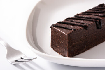 Chocolate cake slice isolated on white background