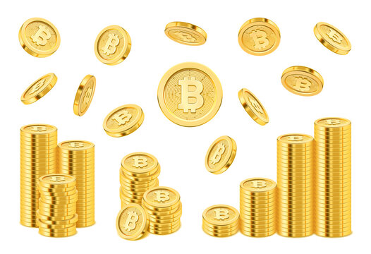 Bitcoin cryptocurrency stack of golden coins, falling money realistic 3d style. Financial assets and electronic payment, growth of income due to mining and investment. Global currency vector
