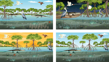 Different mangrove forest landscape scenes with various animals - obrazy, fototapety, plakaty