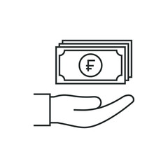 Money on hand. Payment with franc. Income, salary, donation icon line style isolated on white background. Vector illustration