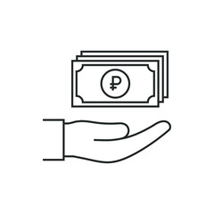 Money on hand. Payment with ruble. Income, salary, donation icon line style isolated on white background. Vector illustration