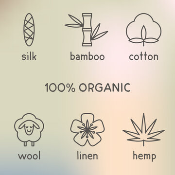 Natural fibers signs, icons, symbols: silk, linen, bamboo, cotton, wool, hemp. Vector illustration