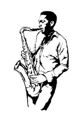 Jazz man with sax on the white background