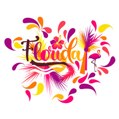 An abstract vector illustration of a splash of flowers and palm leaves on the Florida typography on a white isolated background