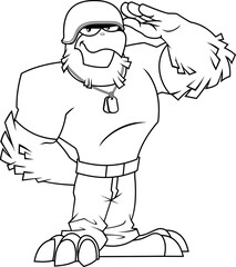 Outlined Eagle Soldier Cartoon Character Salute. Vector Hand Drawn Illustration Isolated On Transparent Background