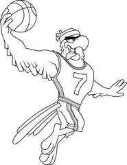 Outlined Eagle Basketball Player Cartoon Character Moving Dribble. Vector Hand Drawn Illustration Isolated On Transparent Background