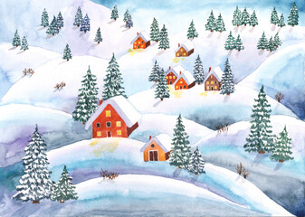 Fototapeta na wymiar Hand drawn watercolor winter landscape with houses and spruces. 