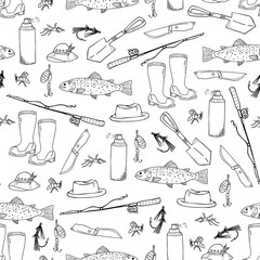 fishing seamless pattern. Fishing set elements hand drawing outline