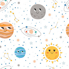 Cute seamless pattern with space concept. Planets, galaxy, stars and constellation. Great for children and nursery.