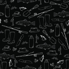 fishing seamless pattern. Fishing set elements hand drawing outline