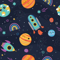 Naklejka premium Cute seamless pattern with space concept. Spaceship, planets and rainbow. Great for children and nursery.