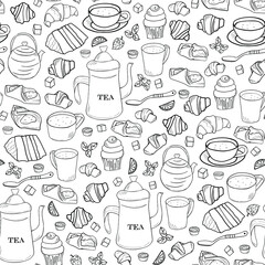 Seamless pattern "Tea time". Background with teapot, cups, pastries, sugar, croissant. Hand drawing sketch, outline