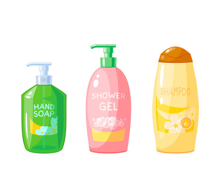 Liquid hand soap, shampoo and shower gel. Vector illustration cartoon icon set isolated on white background.