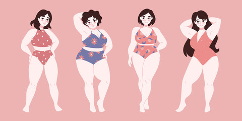 Set of beautiful plus size woman in swimsuit isolated vector illustration. Hand drawn design clip art. Love your body. Body positive, beauty diversity. Beach summer fashion