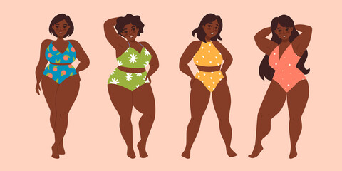 Set of plus size african american woman in swimsuit isolated vector illustration. Modern hand drawn design clip art. Love your body. Body positive. Diffrent body types.