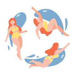 Sea or ocean swimming woman. Holiday floating happy girl, summer swimwear. Beach pool party poster or banner. Woman in bikini swimming, diving and floating on water surface. Flat cartoon retro style